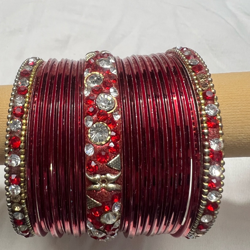 Elegant Red and Silver Bangle Set